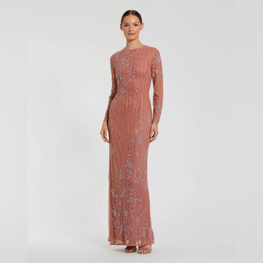 Mac Duggal Pink Embellished High Neck Illusion Long Sleeve Gown